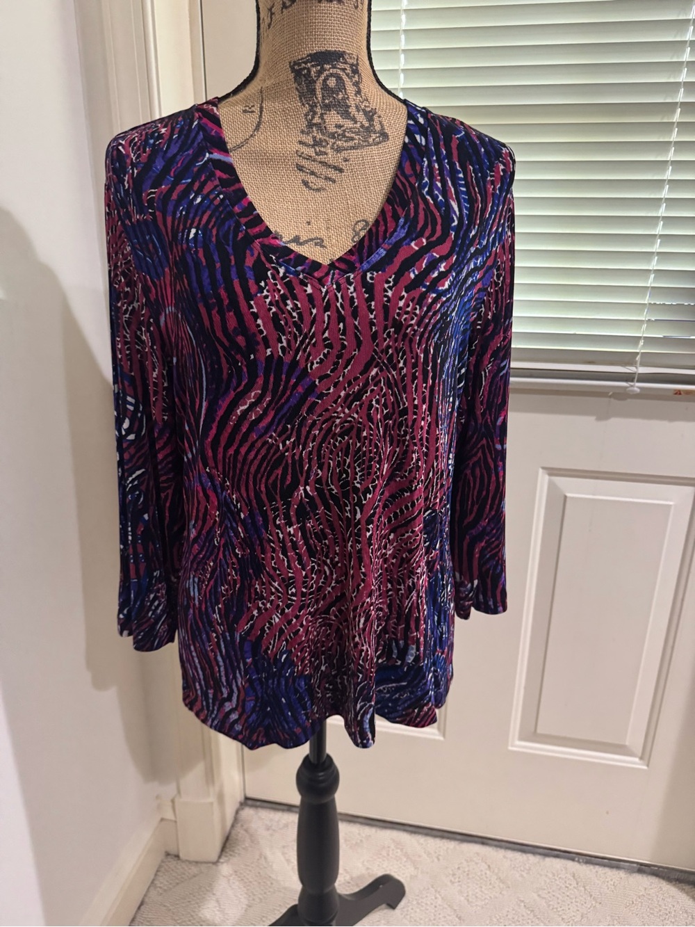 Chico's V-Neck Long Sleeve Top in Pink and Blue Abstract Zebra Print